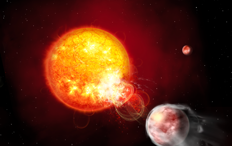 illustration över när planetens och stjärnans magnetfält kopplar samman och orsakar facklor.
